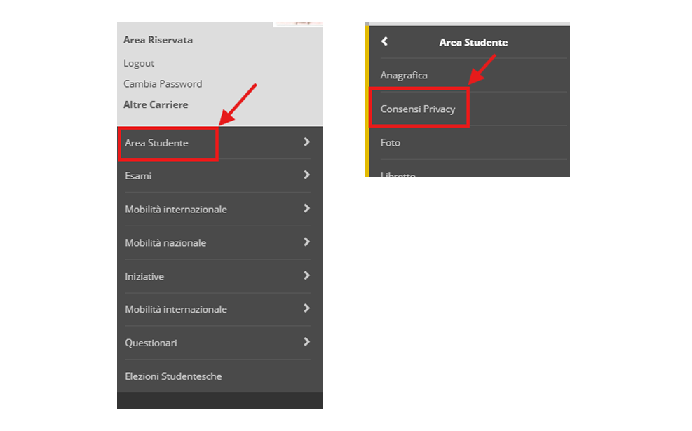 Schermata che illustra i passaggi nel menu dell'area riservata Esse3 per accedere alla sezione dei consensi privacy. è selezionata la voce "Area Studente". Nel sottomenu che si apre, viene evidenziata la voce "Consensi Privacy".